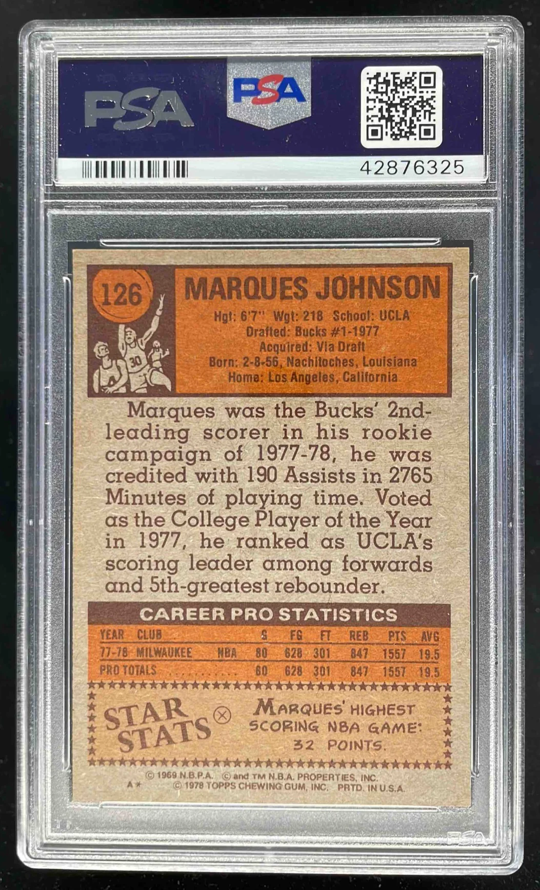 1978-79 Topps #126 Marques Johnson RC PSA 9 - Image 2