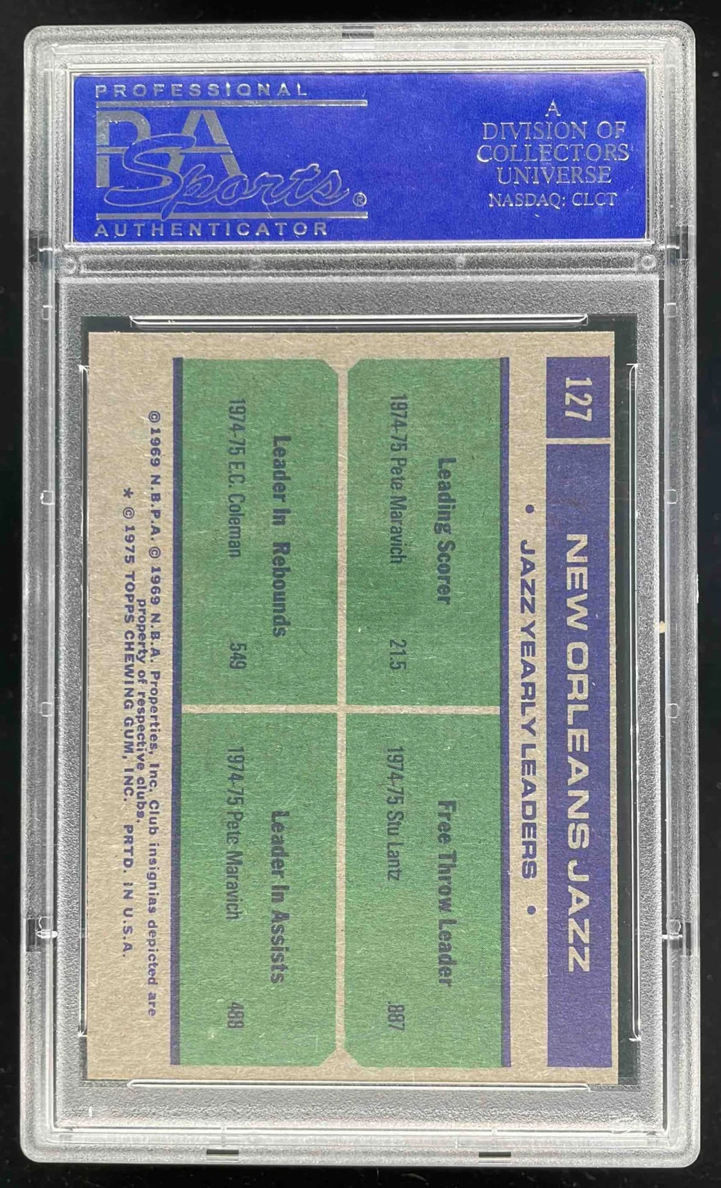 1975-76 Topps #127 Team Leaders Pete Maravich Stu Lantz E.C. Coleman PSA 8 - Image 2