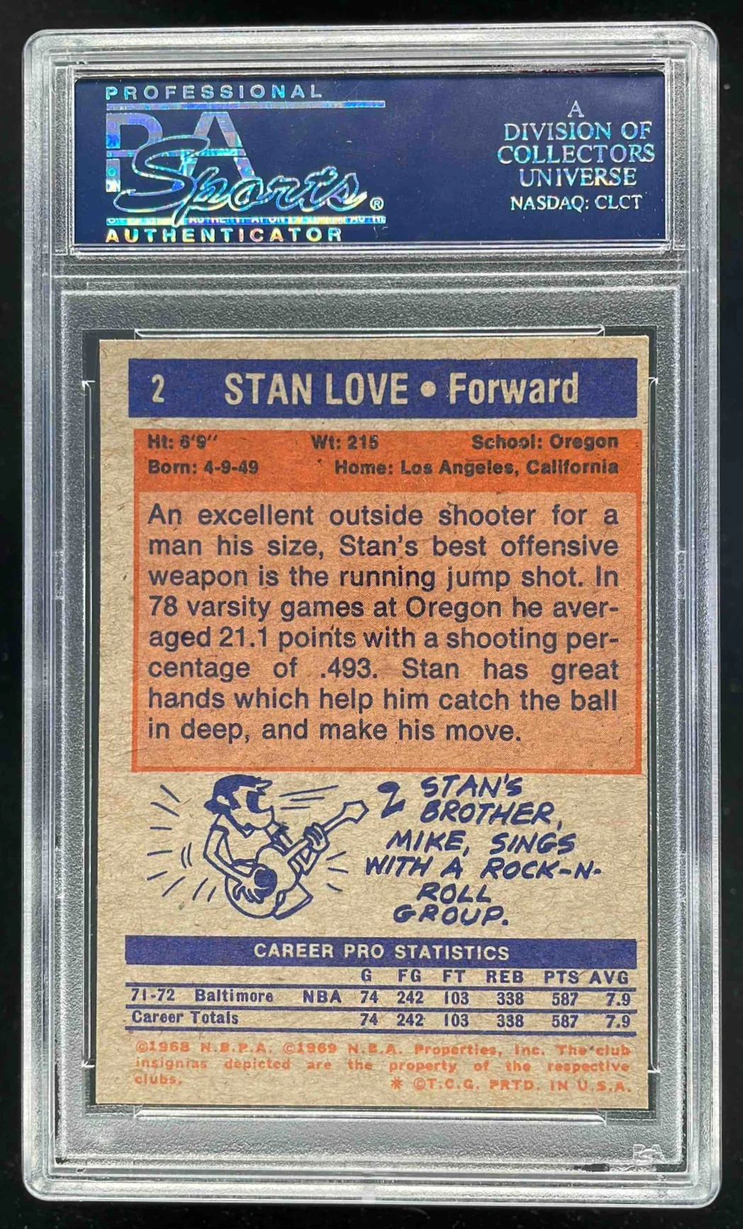 1972-73 Topps #2 Stan Love PSA 8 - Image 2