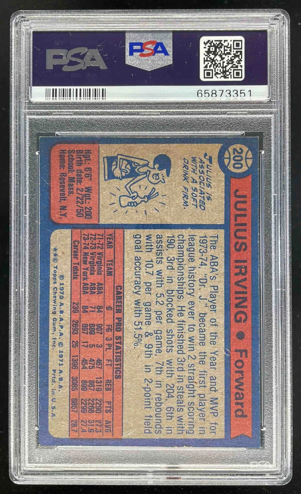 1974-75 Topps #200 Julius Erving UER All-Star PSA 7 - Image 2