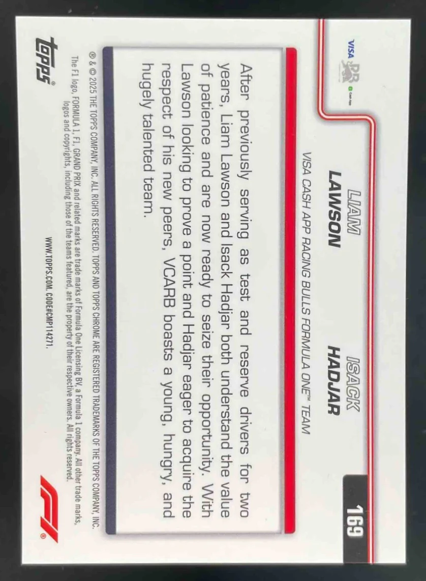 2025 Topps Chrome Formula 1 Black RayWave #169 Liam Lawson Isack Hadjar RC /10 - Image 2