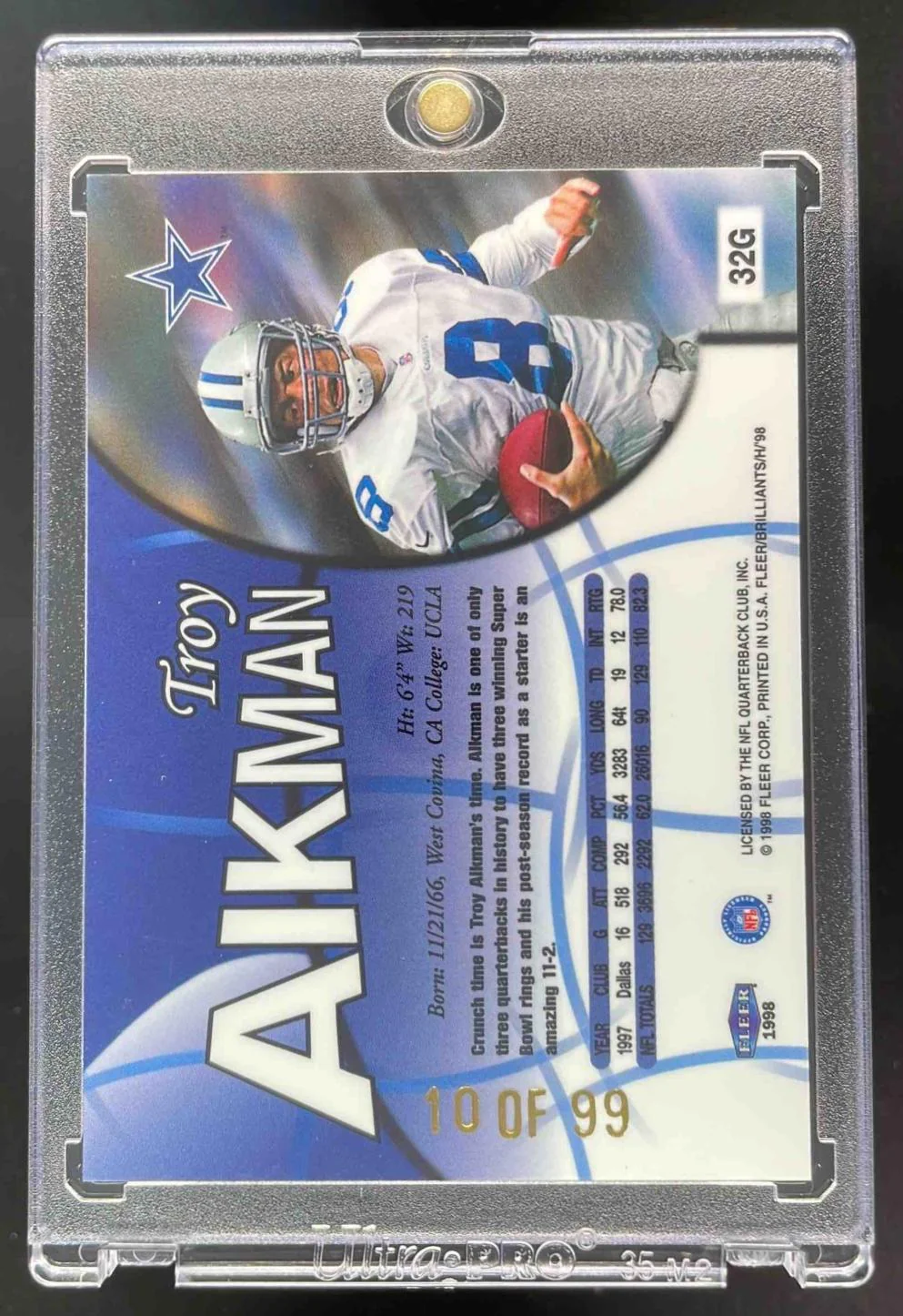 1998 Fleer Brilliants Gold #32G Troy Aikman /99 - Image 2