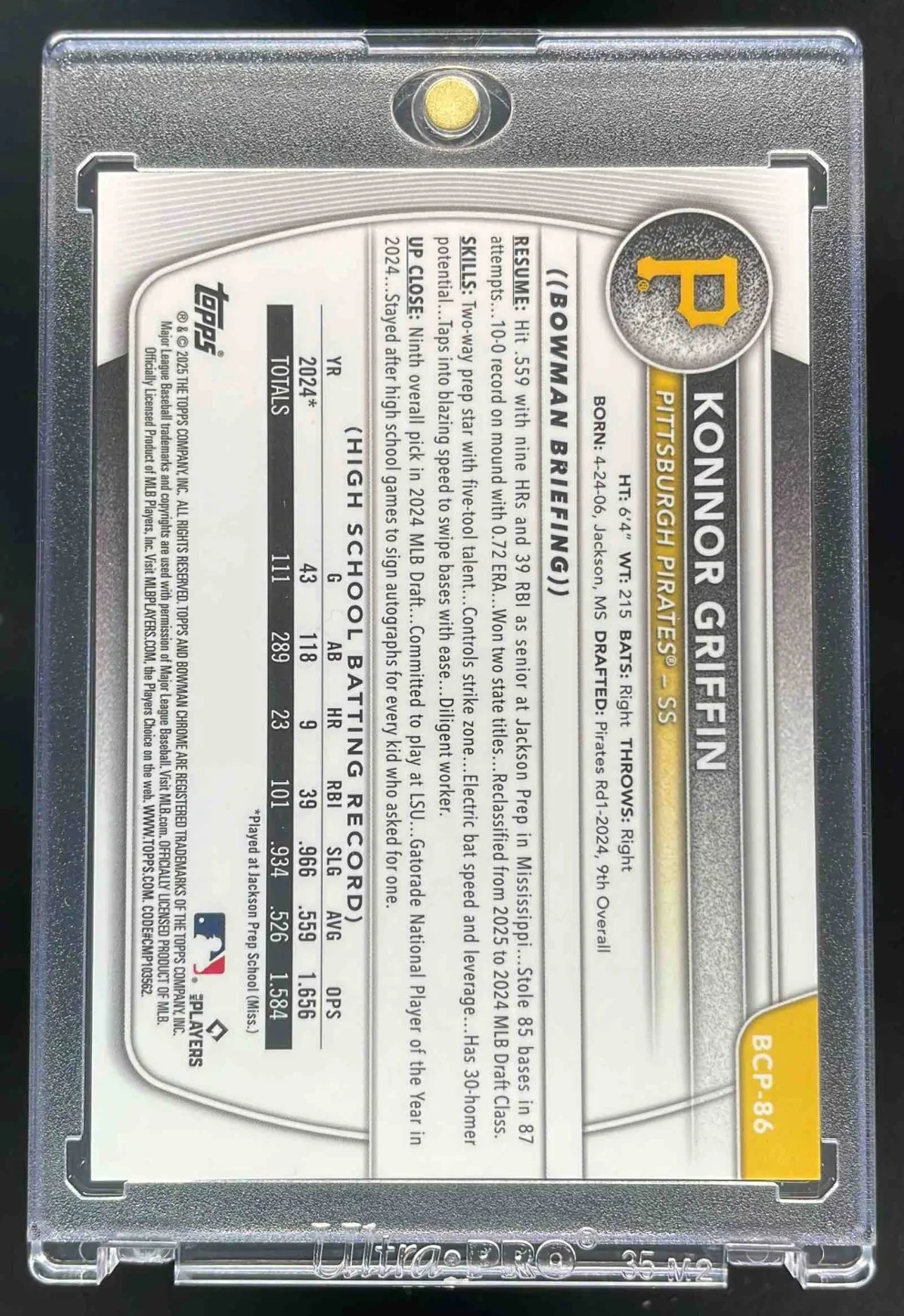2025 Bowman Chrome Prospects Mega Box Gold Refractors #BCP-86 Konnor Griffin /50 - Image 2