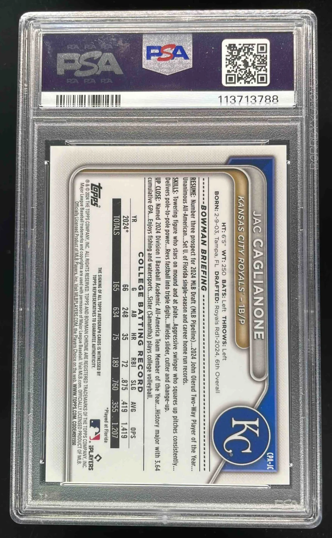 2024 Bowman Draft Chrome #CPA-JC Jac Caglianone RC Auto PSA 10 - Image 2