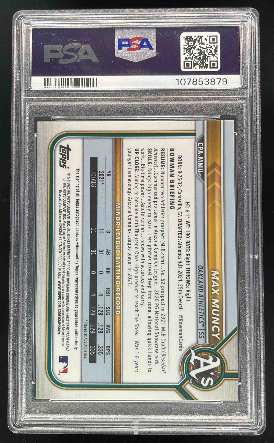2022 Bowman Chrome Yellow #CPA-MMU Max Muncy Auto /75 PSA 10 - Image 2