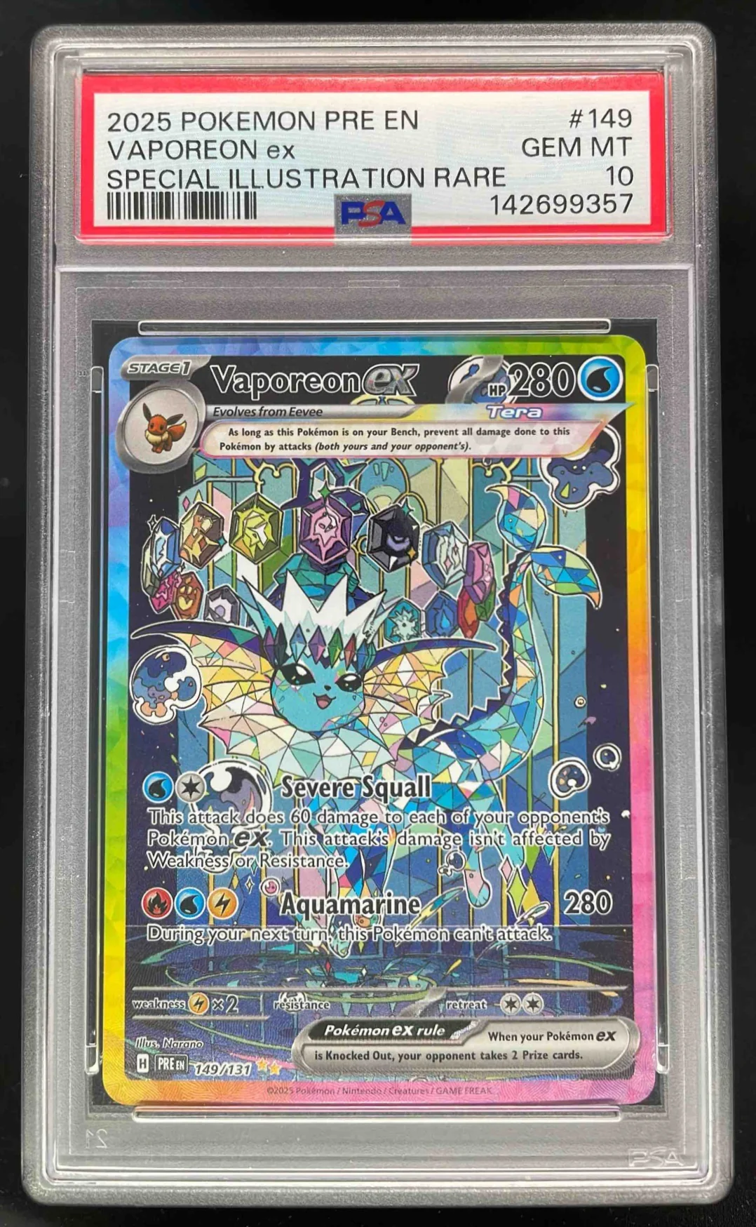 2025 Pokemon Prismatic Evolutions #149/131 Vaporeon ex PSA 10