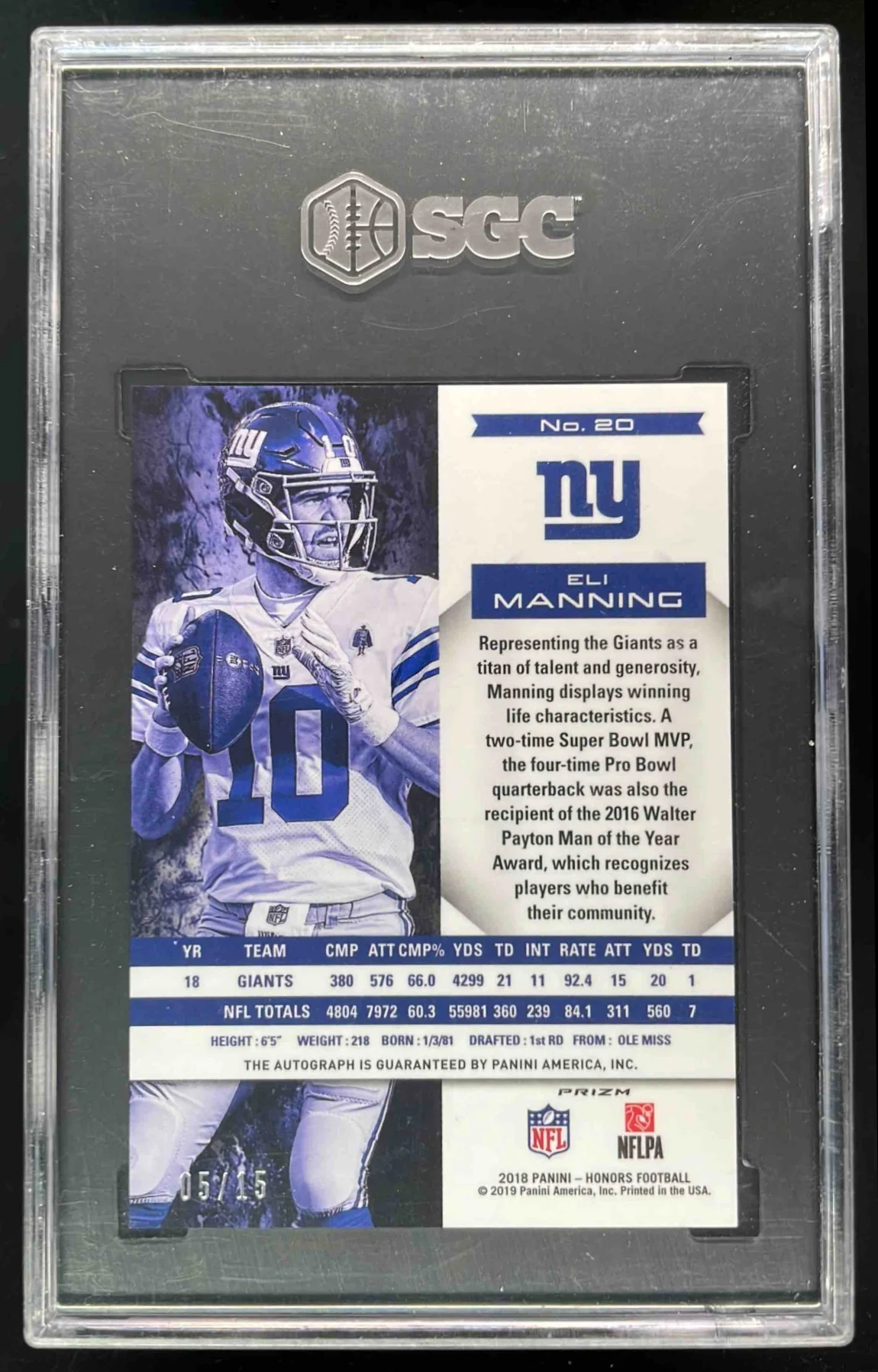 2018 Panini Honors Signatures Gold #20 Eli Manning Autograph Auto /15 SGC 9.5 - Image 2