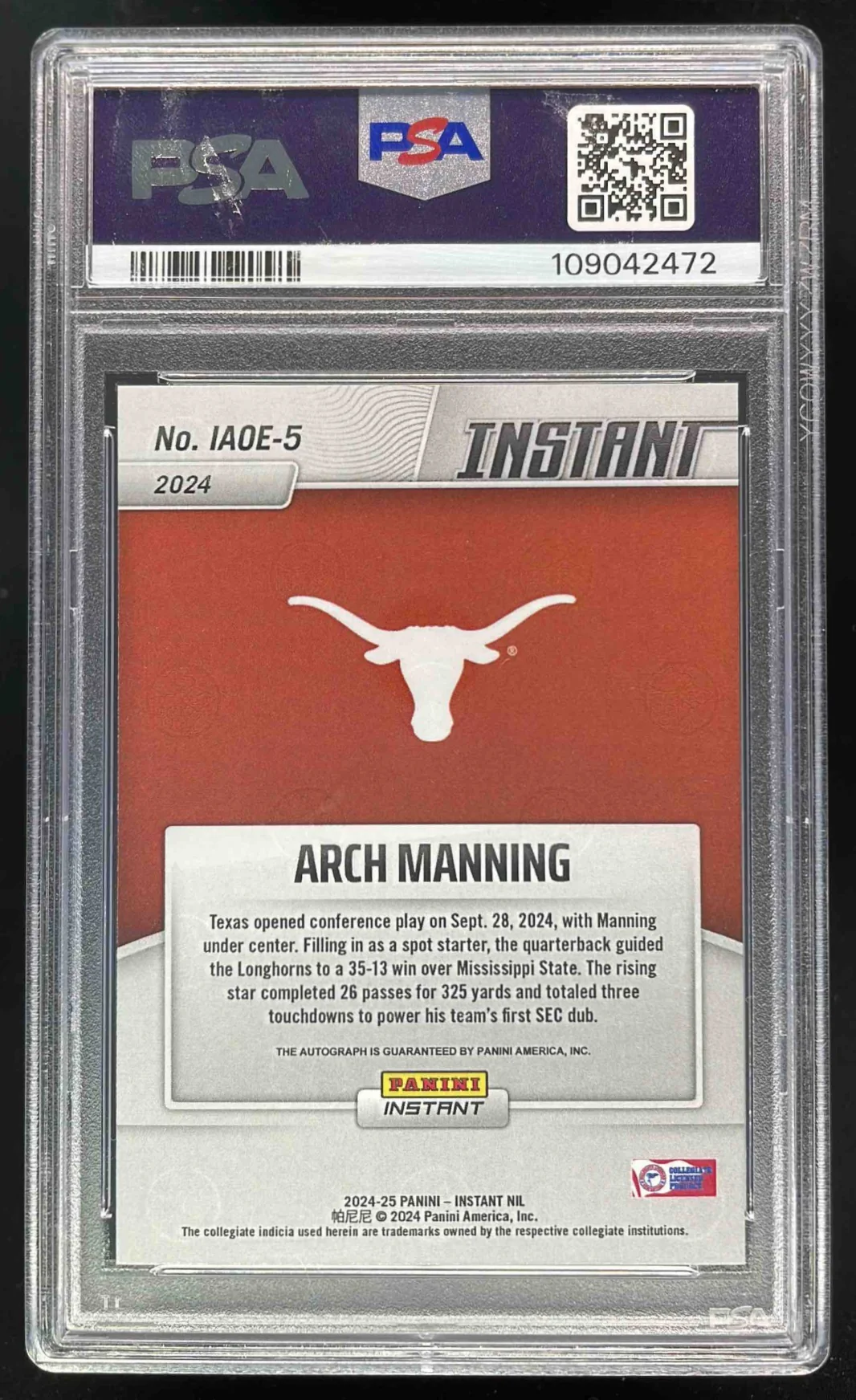 2024 Panini Instant NIL Autographs Open Edition #IAOE-5 Arch Manning Auto PSA 10 - Image 2