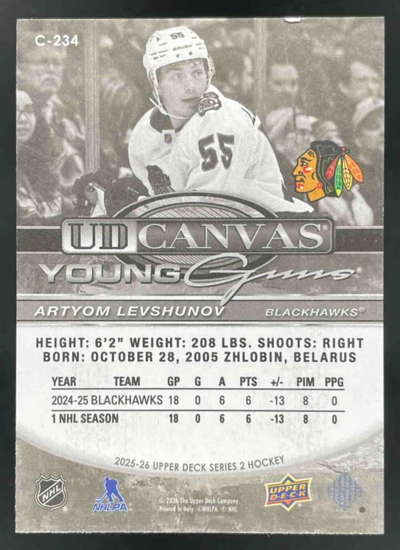 2025-26 Upper Deck Canvas Young Guns Black And White #C-234 Artyom Levshunov RC - Image 2