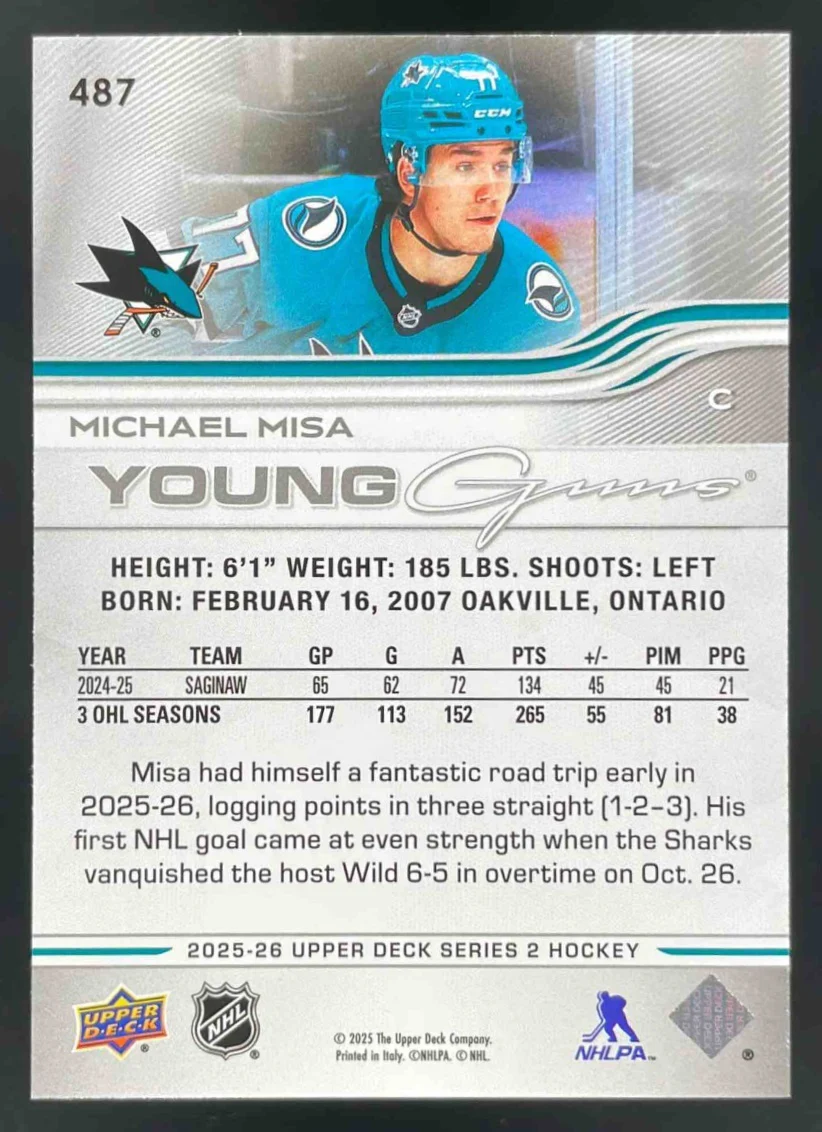 2025-26 Upper Deck Series 2 Young Guns #487 Michael Misa RC - Image 2