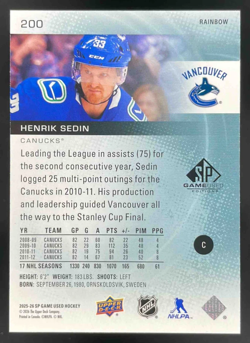 2025-26 Upper Deck SP Game Used Rainbow #200 Henrik Sedin /33 - Image 2