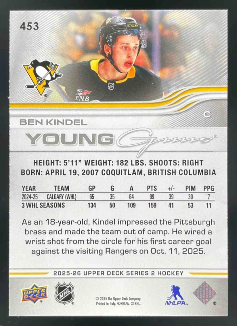 2025-26 Upper Deck Series 2 Young Guns #453 Ben Kindel RC - Image 2