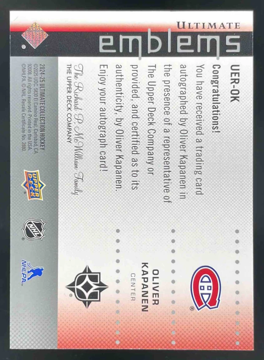 2024-25 Ultimate Collection Emblems Auto Rookies #UER-OK Oliver Kapanen Auto - Image 2