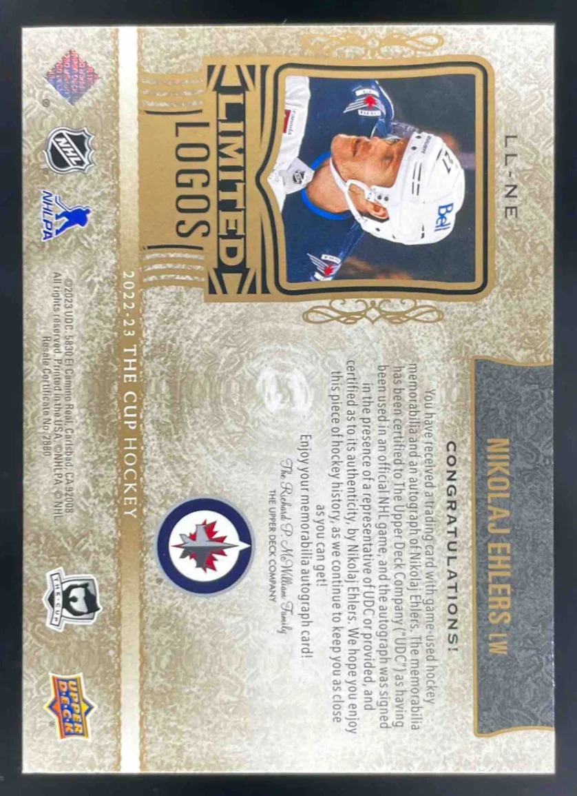2022-23 The Cup Limited Logos #LLNE Nikolaj Ehlers Autograph Auto /50 - Image 2