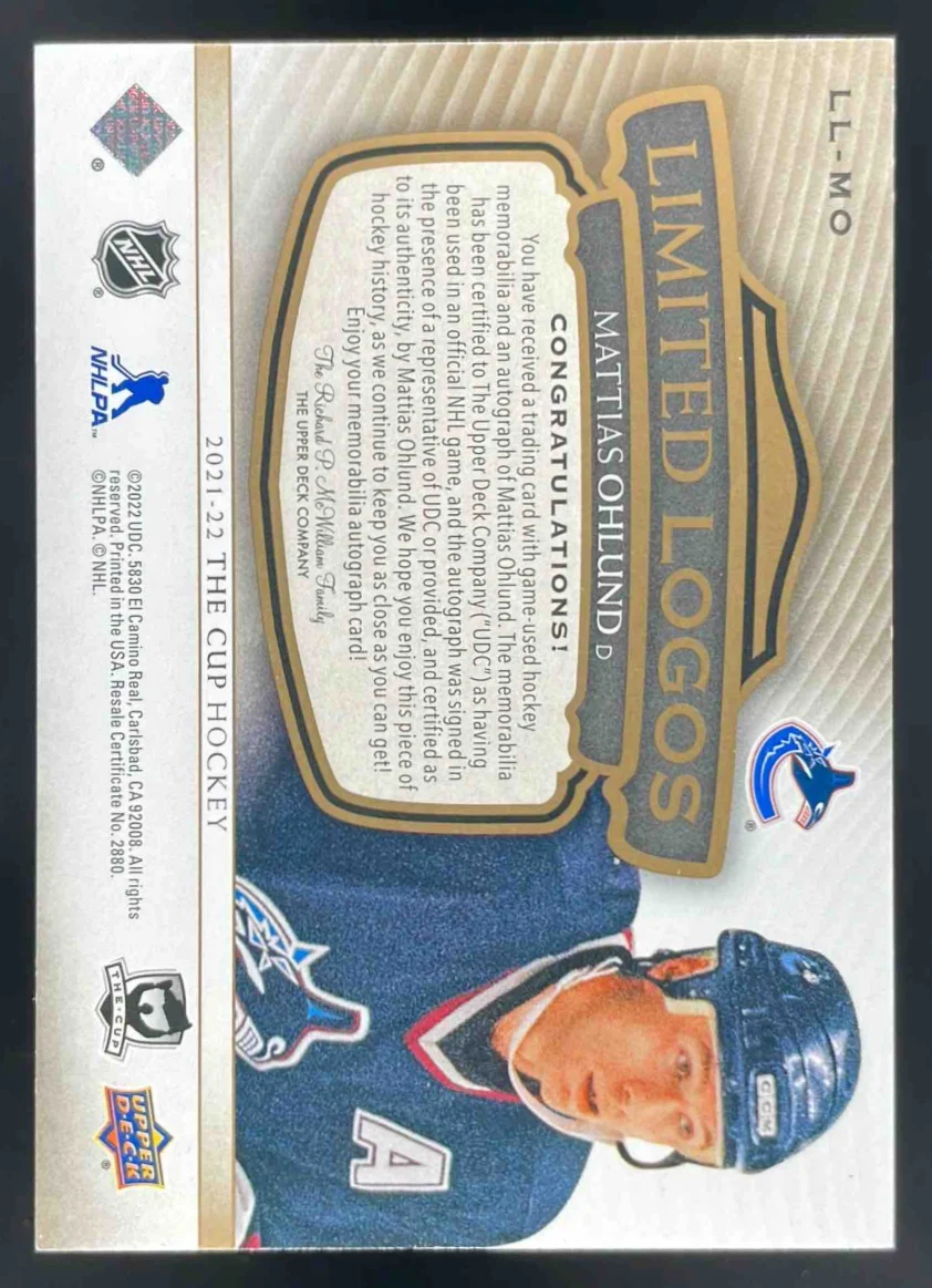2021-22 The Cup Limited Logos #LLMO Mattias Ohlund Autograph Auto /50 - Image 2