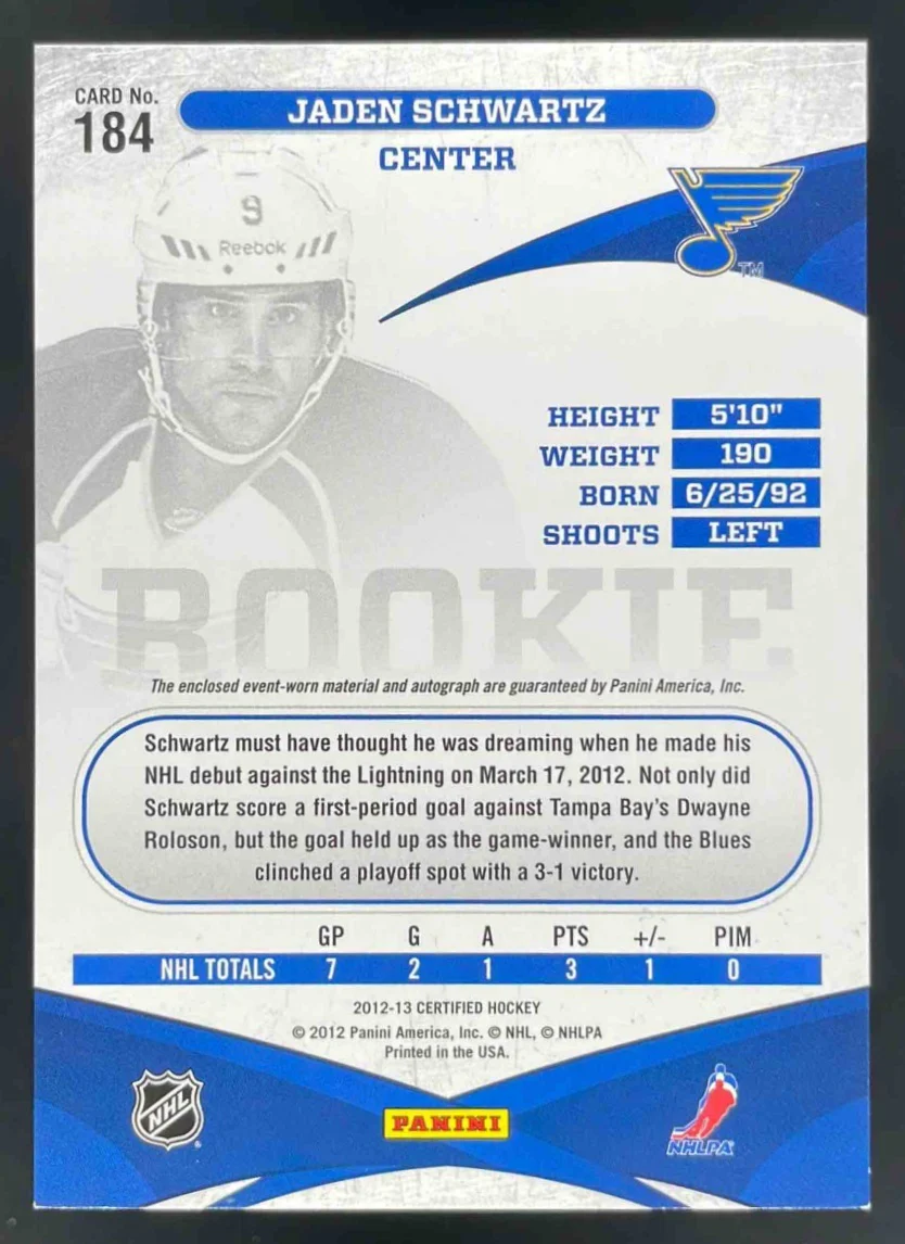 2012-13 Panini Certified Mirror Blue #184 Jaden Schwartz RC Auto /50 - Image 2