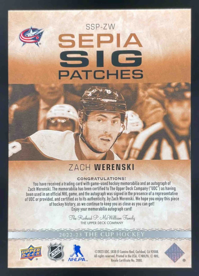 2022-23 The Cup Sepia Signature Patches #SSP-ZW Zach Werenski RC Auto /35 - Image 2