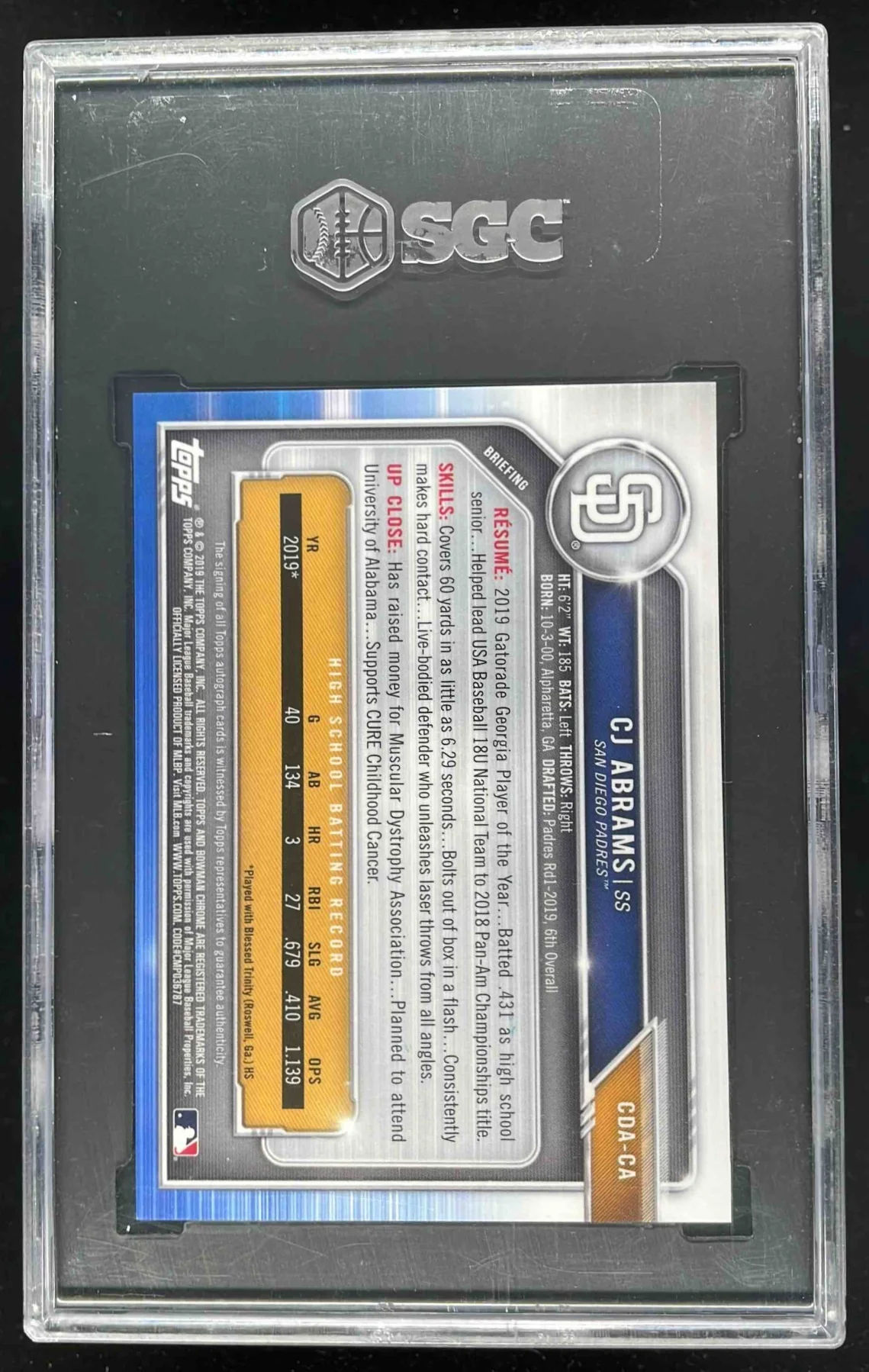 2019 Bowman Draft Chrome Pick Autographs #CDA-CA CJ Abrams RC Auto SGC 9.5 - Image 2