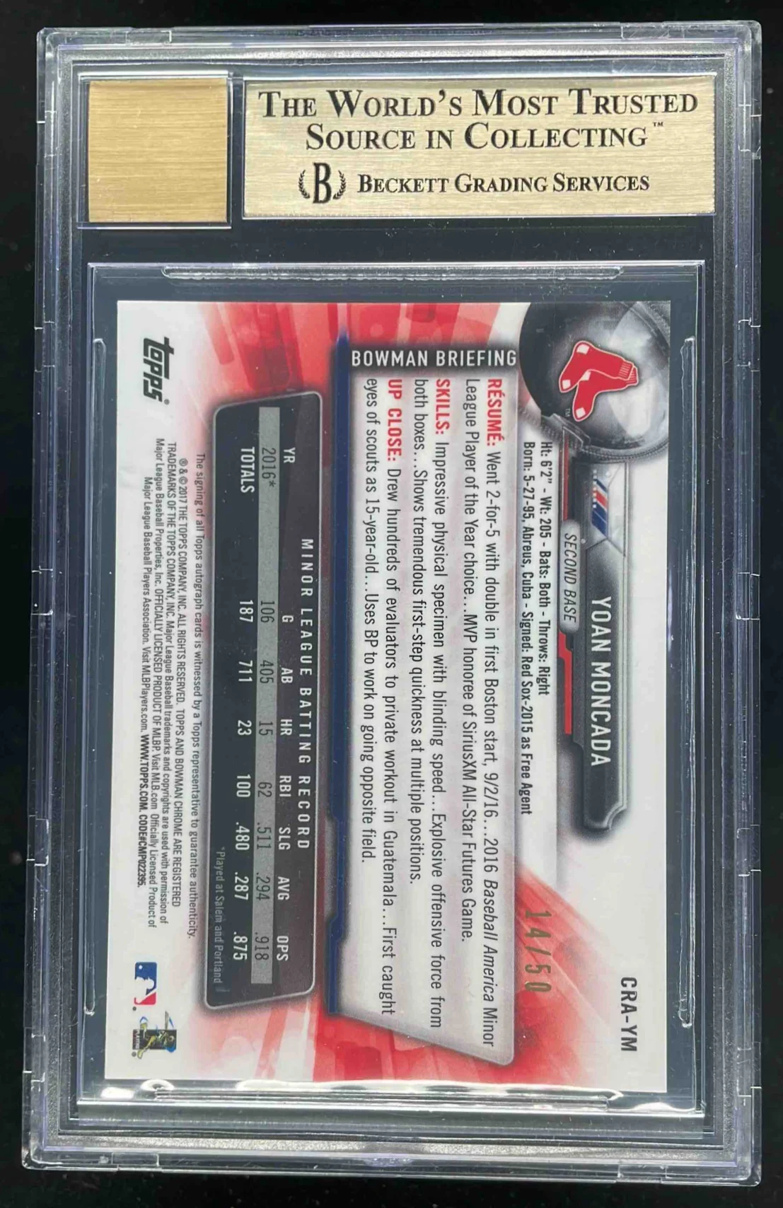 2017 Bowman Chrome Gold #CRA-YM Yoan Moncada RC Auto /50 BGS 10 - Image 2