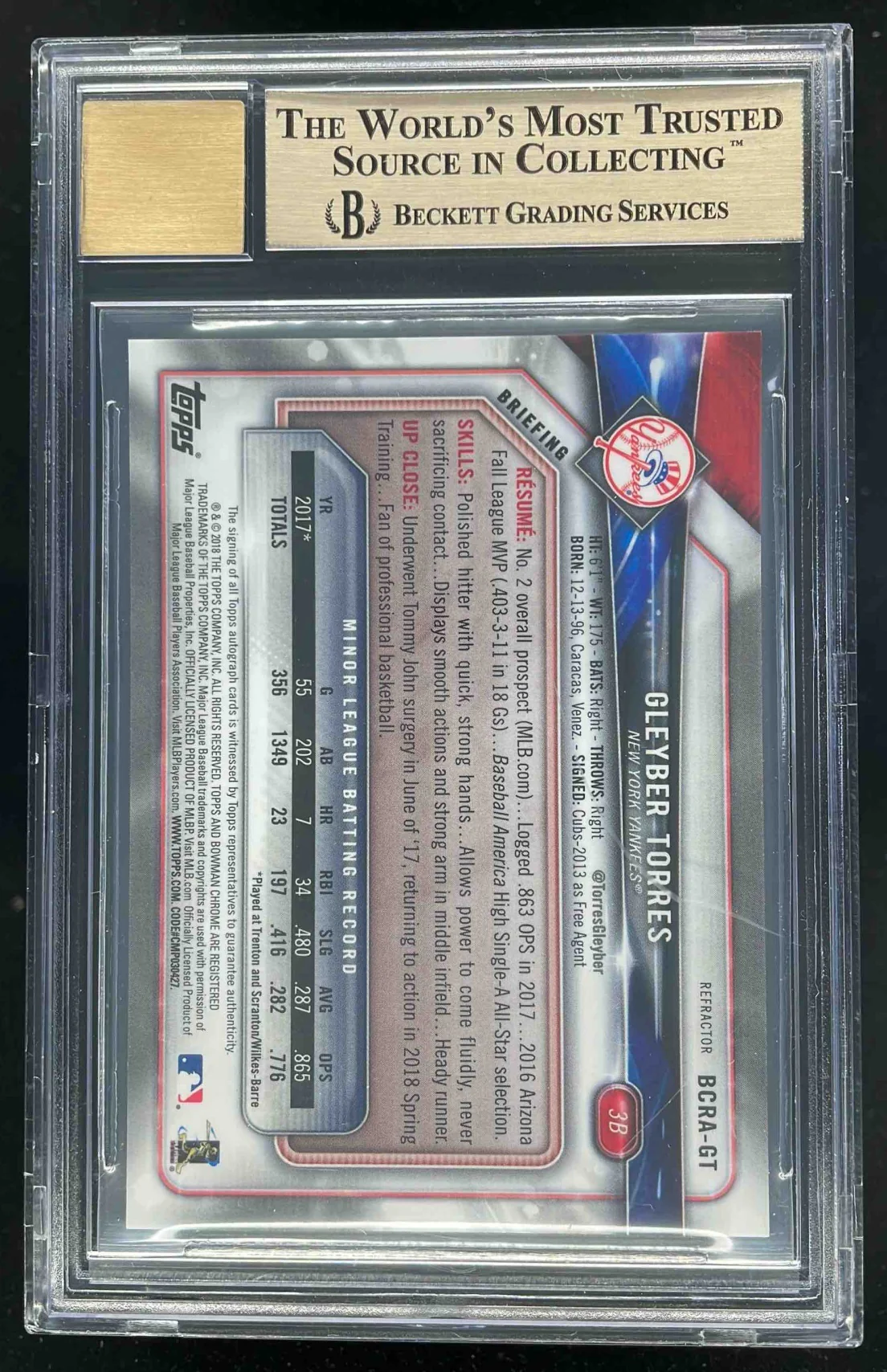 2018 Bowman Chrome Chrome #BCRA-GT Gleyber Torres RC Auto /499 BGS 9.5 - Image 2