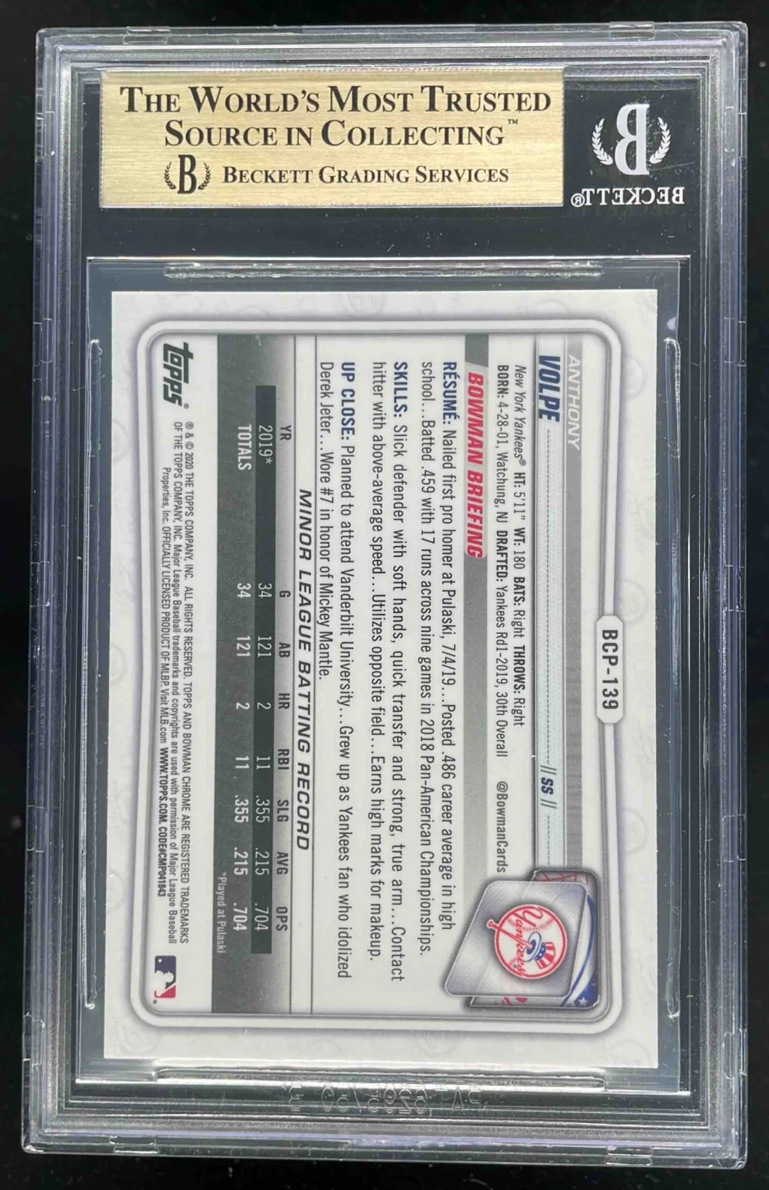 2020 Bowman Sapphire Chrome #BCP-139 Anthony Volpe BGS 9.5 - Image 2