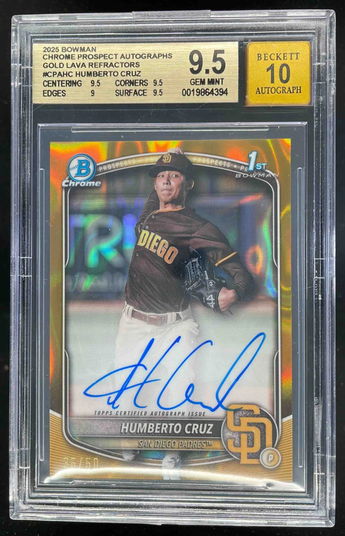 2025 Bowman Chrome Gold Lava #CPA-HC Humberto Cruz RC Auto /50 BGS 9.5