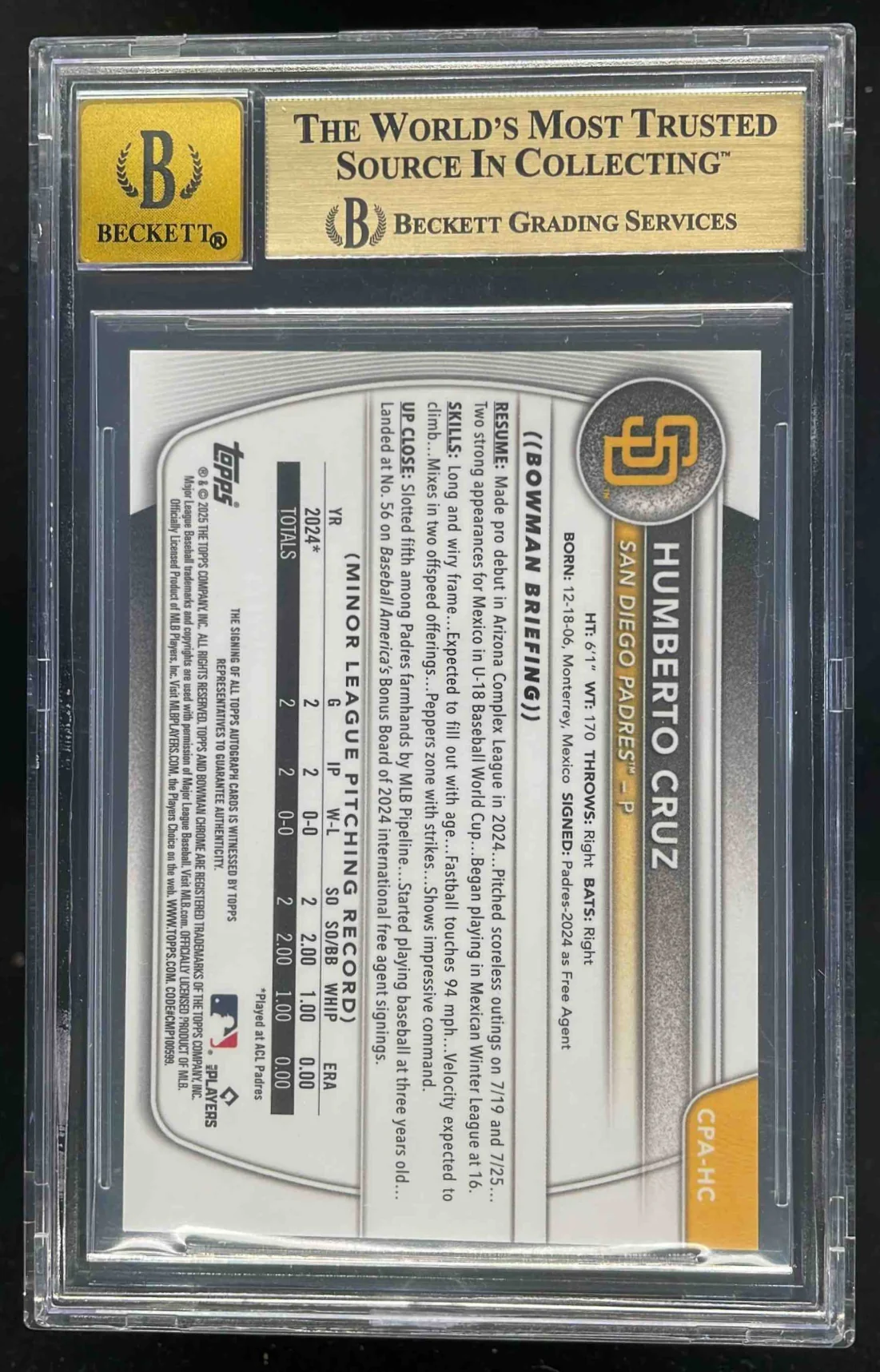 2025 Bowman Chrome Gold Lava #CPA-HC Humberto Cruz RC Auto /50 BGS 9.5 - Image 2