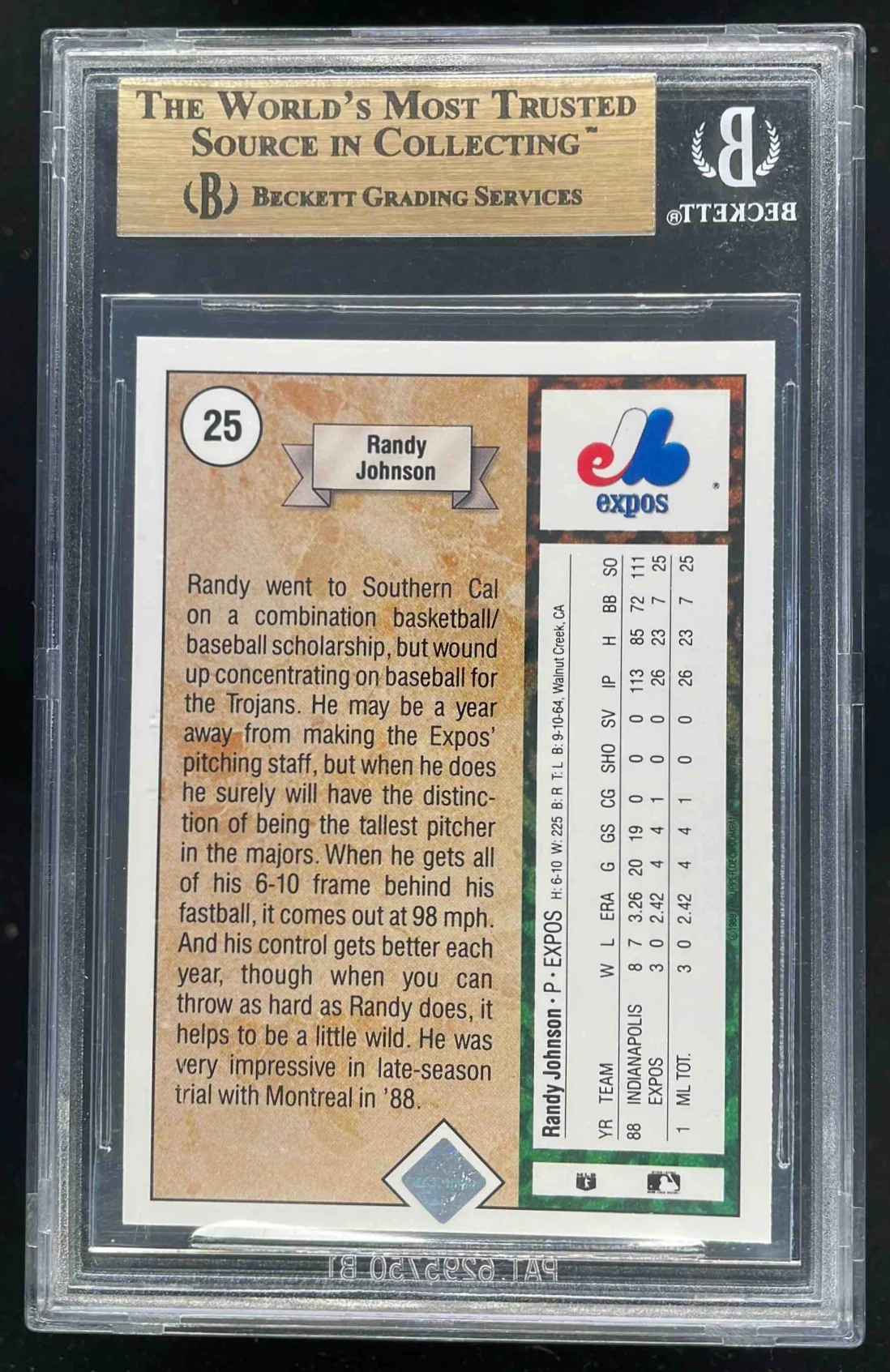 1989 Upper Deck #25 Randy Johnson RC BGS 9.5 - Image 2