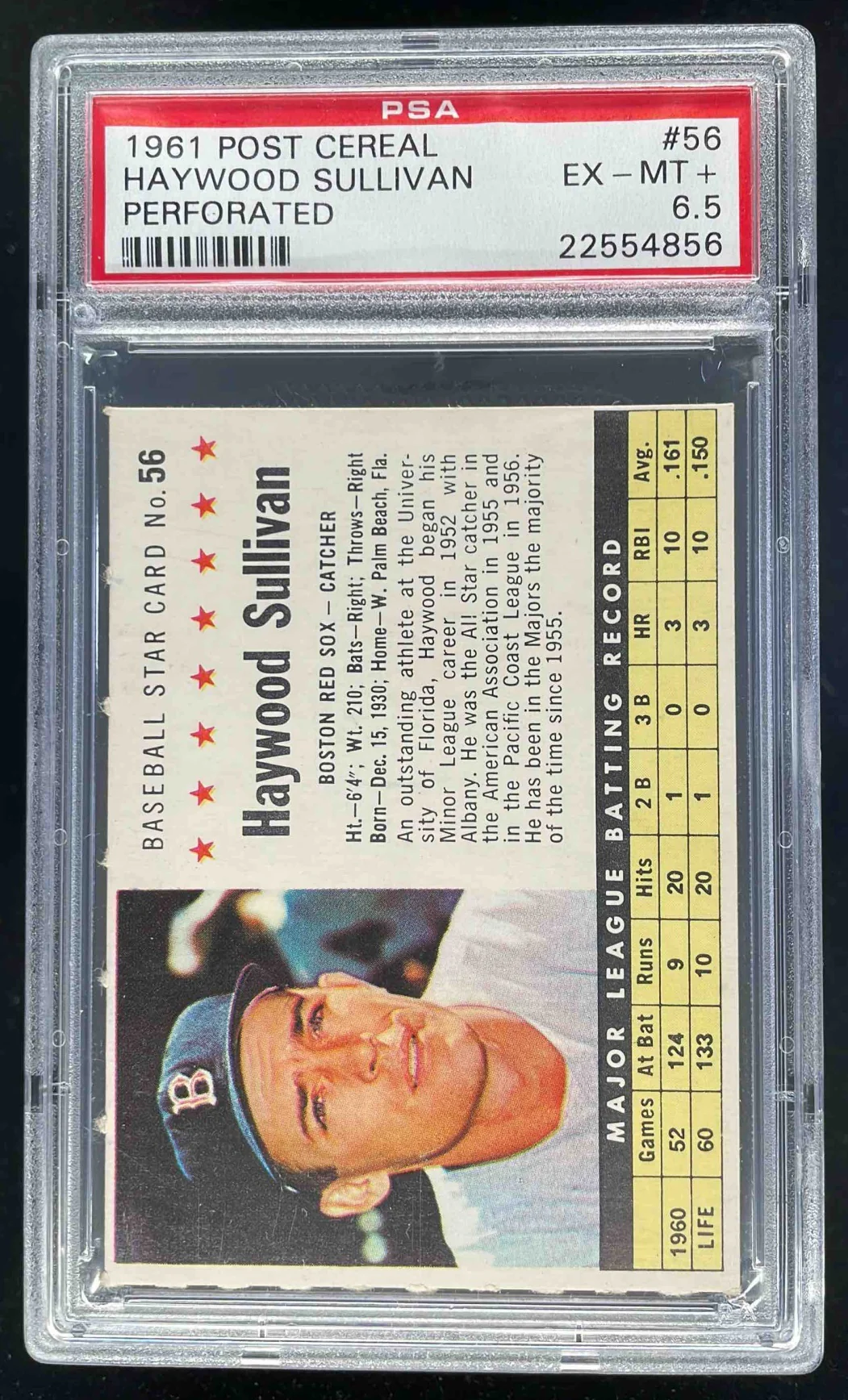1961 Post Cereal Perforated #56 Haywood Sullivan PSA 6.5