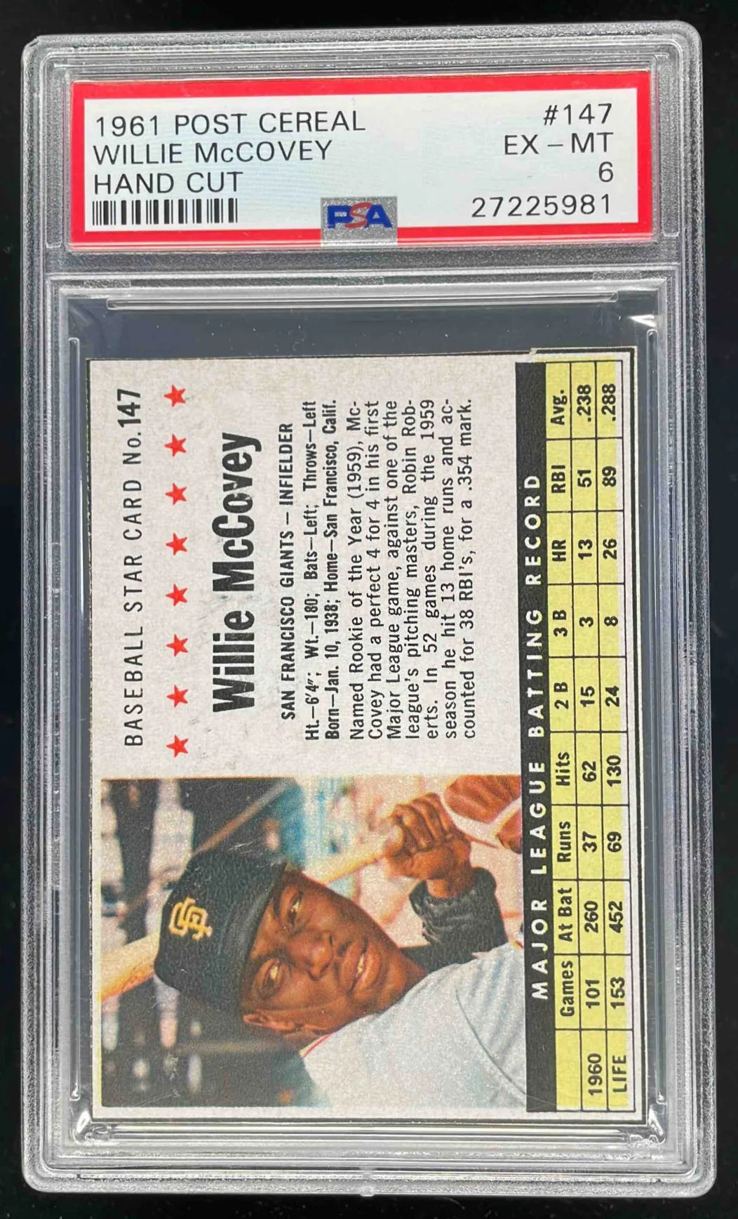 1961 Post Cereal Hand Cut #147 Willie McCovey PSA 6