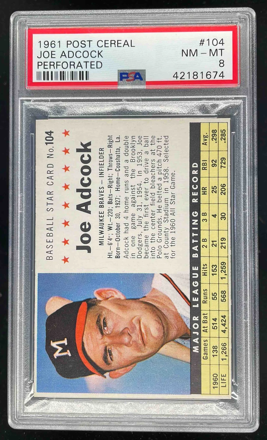 1961 Post Cereal Perforated #104 Joe Adcock PSA 8