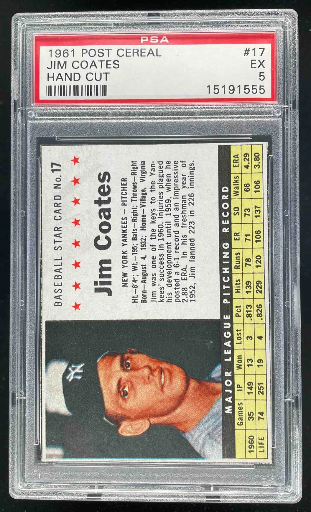 1961 Post Cereal Hand Cut #17 Jim Coates PSA 5