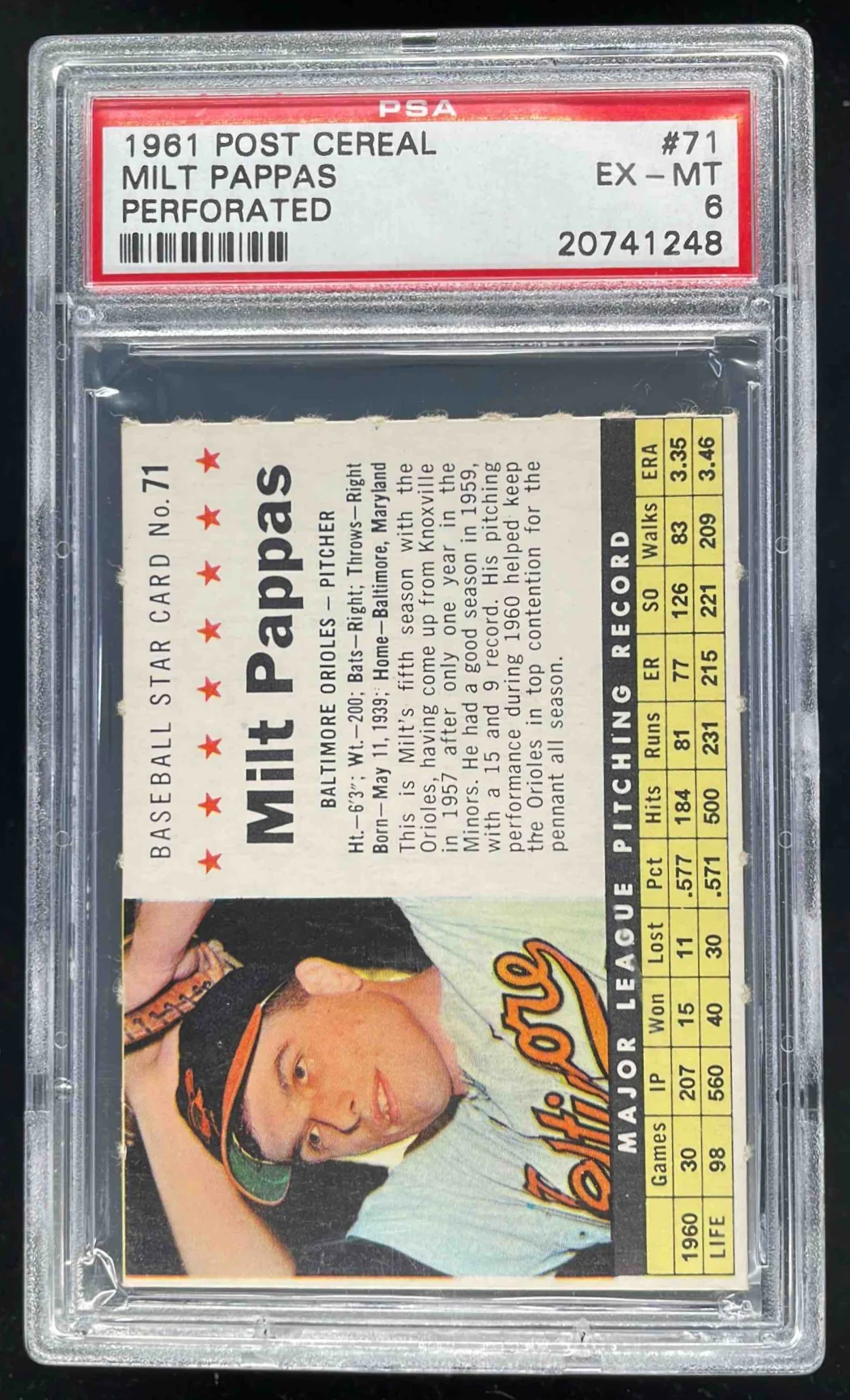 1961 Post Cereal Perforated #71 Milt Pappas PSA 6