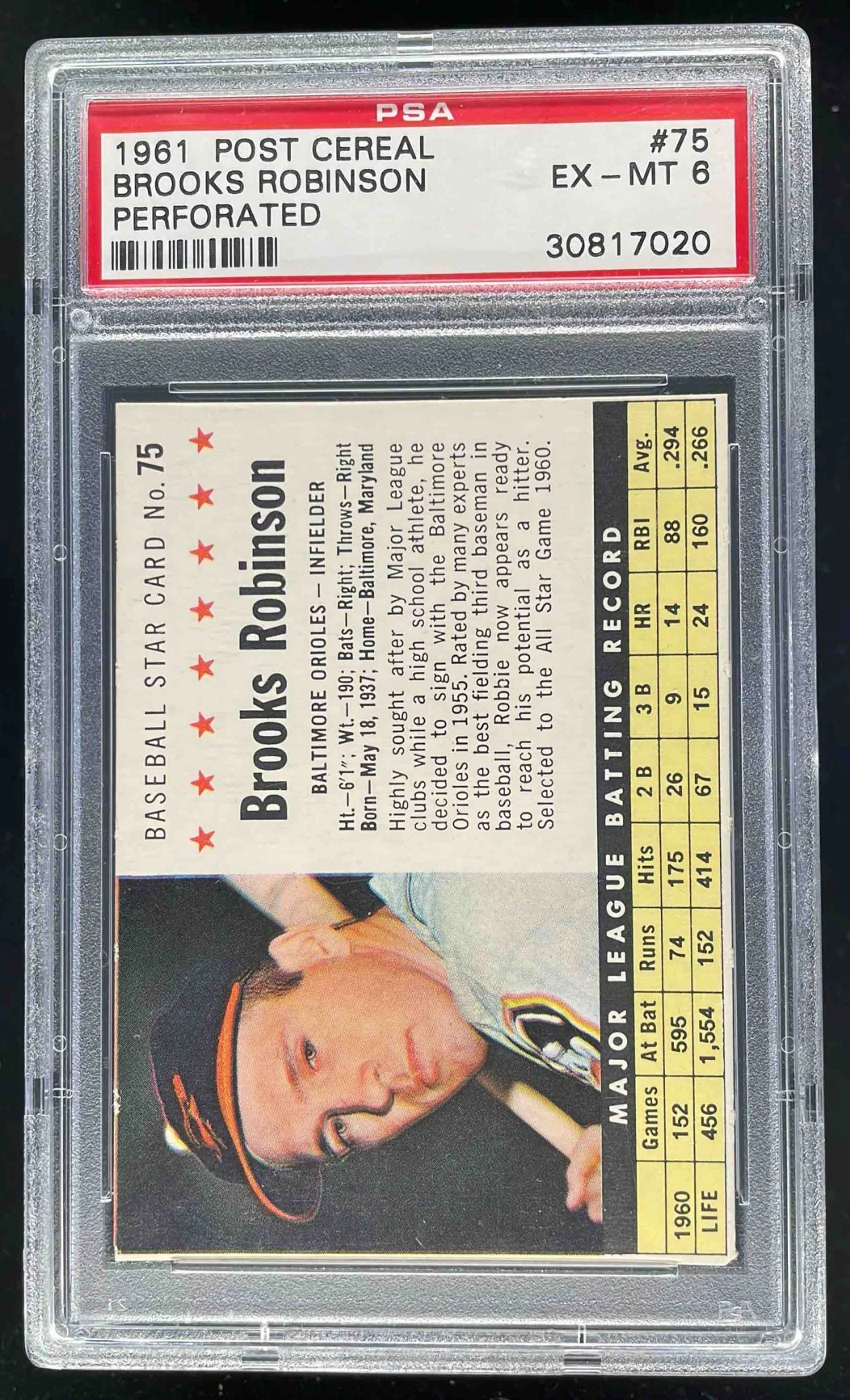1961 Post Cereal Perforated #75 Brooks Robinson PSA 6