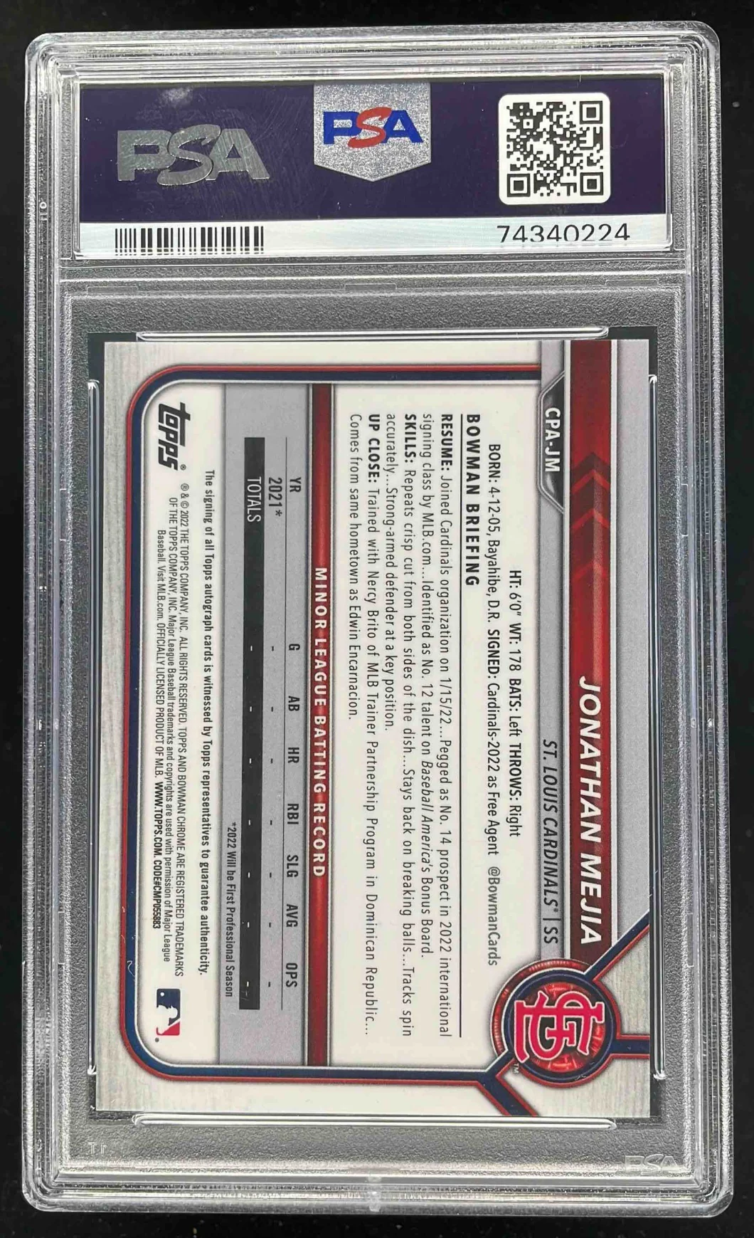 2022 Bowman Chrome Blue RayWave #CPA-JM Jonathan Mejia RC Auto /150 PSA 10 - Image 2