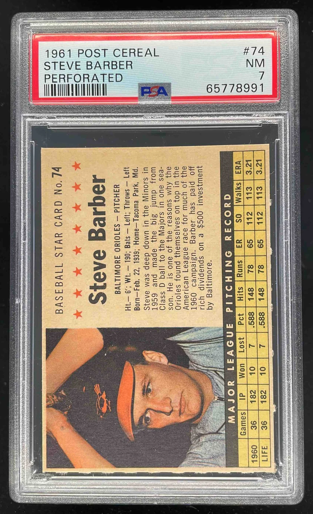 1961 Post Cereal Perforated #74 Steve Barber PSA 7