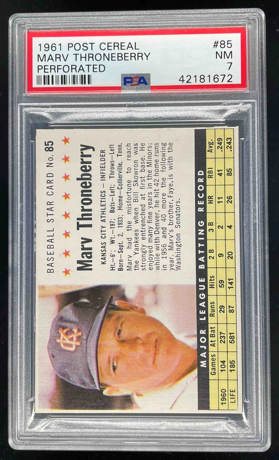 1961 Post Cereal Perforated #85 Marv Throneberry PSA 7