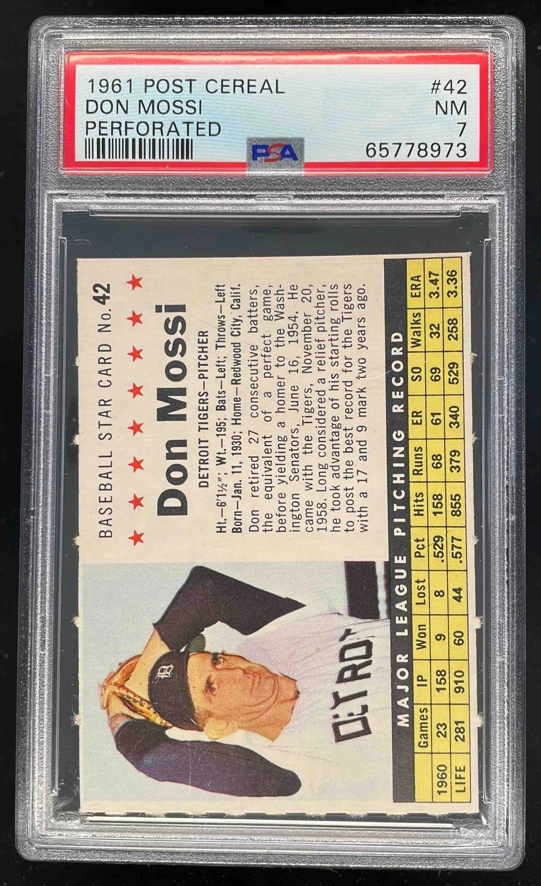 1961 Post Cereal Perforated #42 Don Mossi UER PSA 7