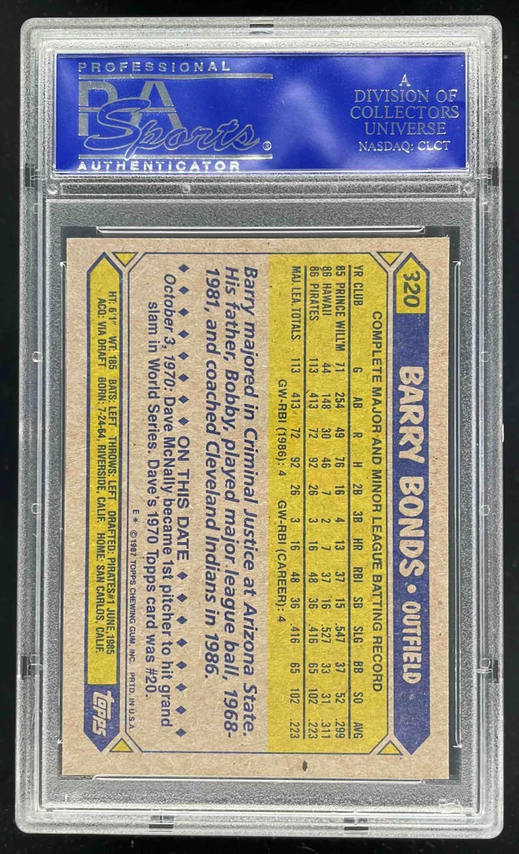 1987 Topps #320 Barry Bonds RC PSA 9 - Image 2