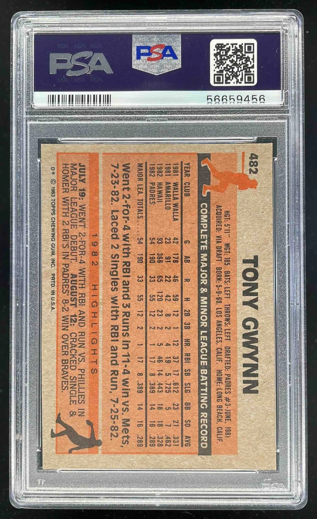 1983 Topps #482 Tony Gwynn UER RC PSA 7 - Image 2