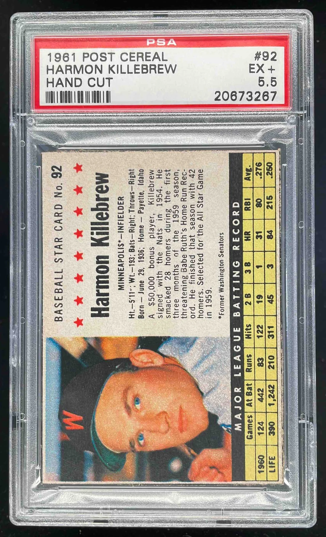 1961 Post Cereal Hand Cut #92 Harmon Killebrew PSA 5.5