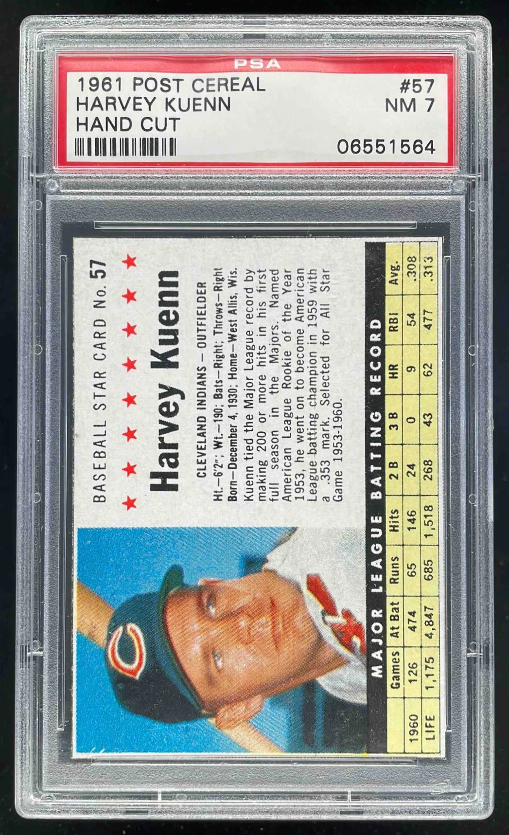 1961 Post Cereal Hand Cut #57 Harvey Kuenn PSA 7