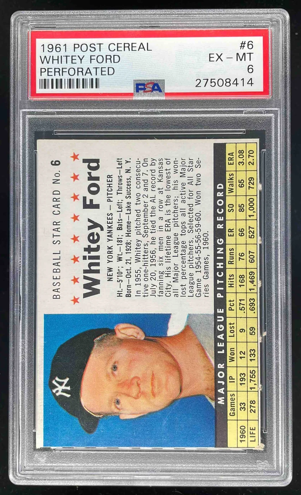 1961 Post Cereal Perforated #6 Whitey Ford PSA 6