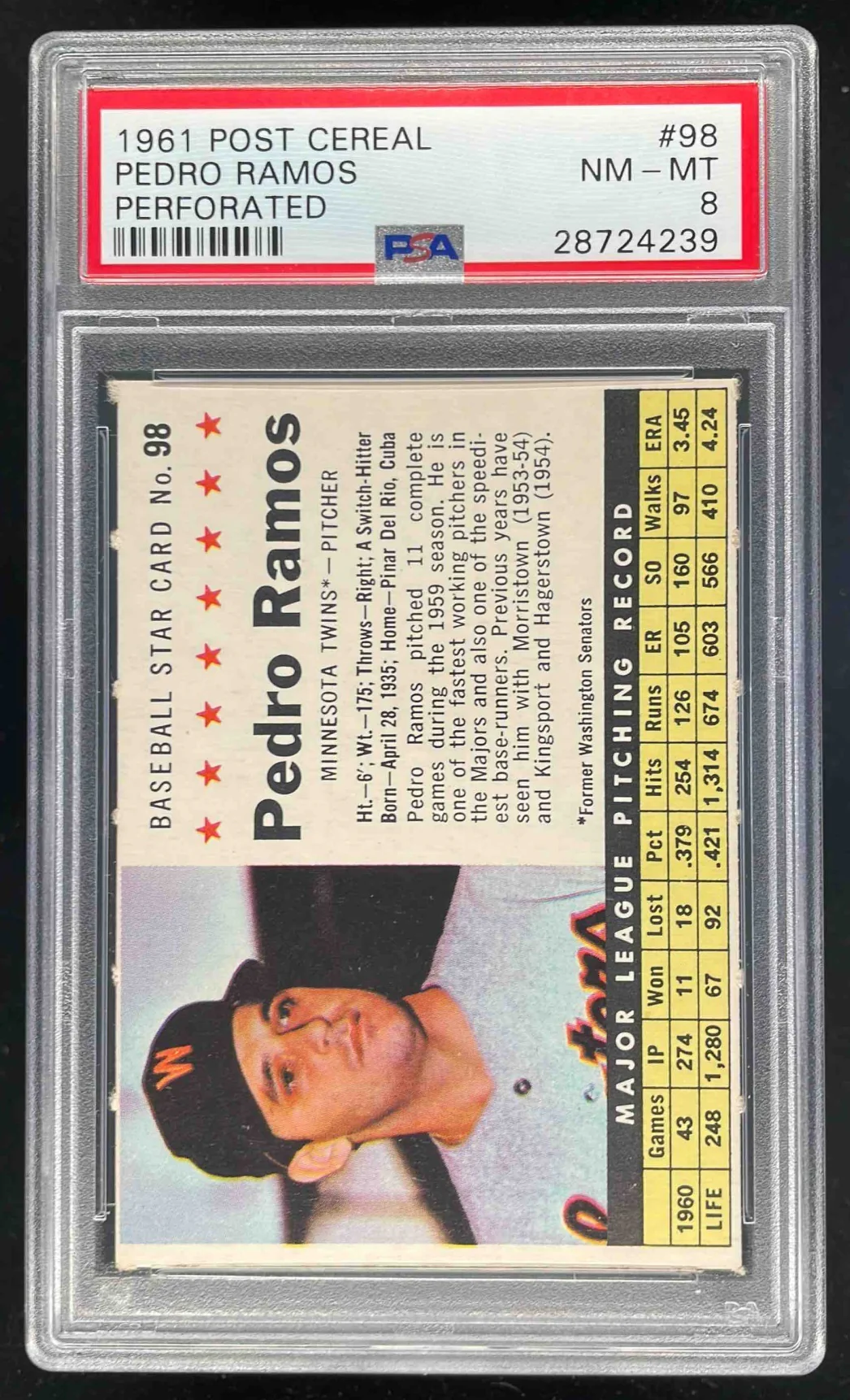 1961 Post Cereal Perforated #98 Pedro Ramos PSA 8