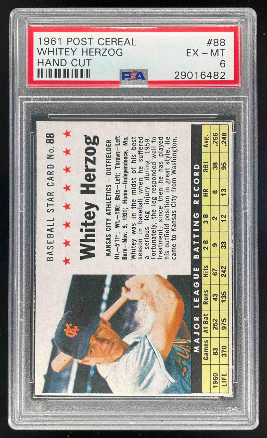 1961 Post Cereal Hand Cut #88 Whitey Herzog PSA 6