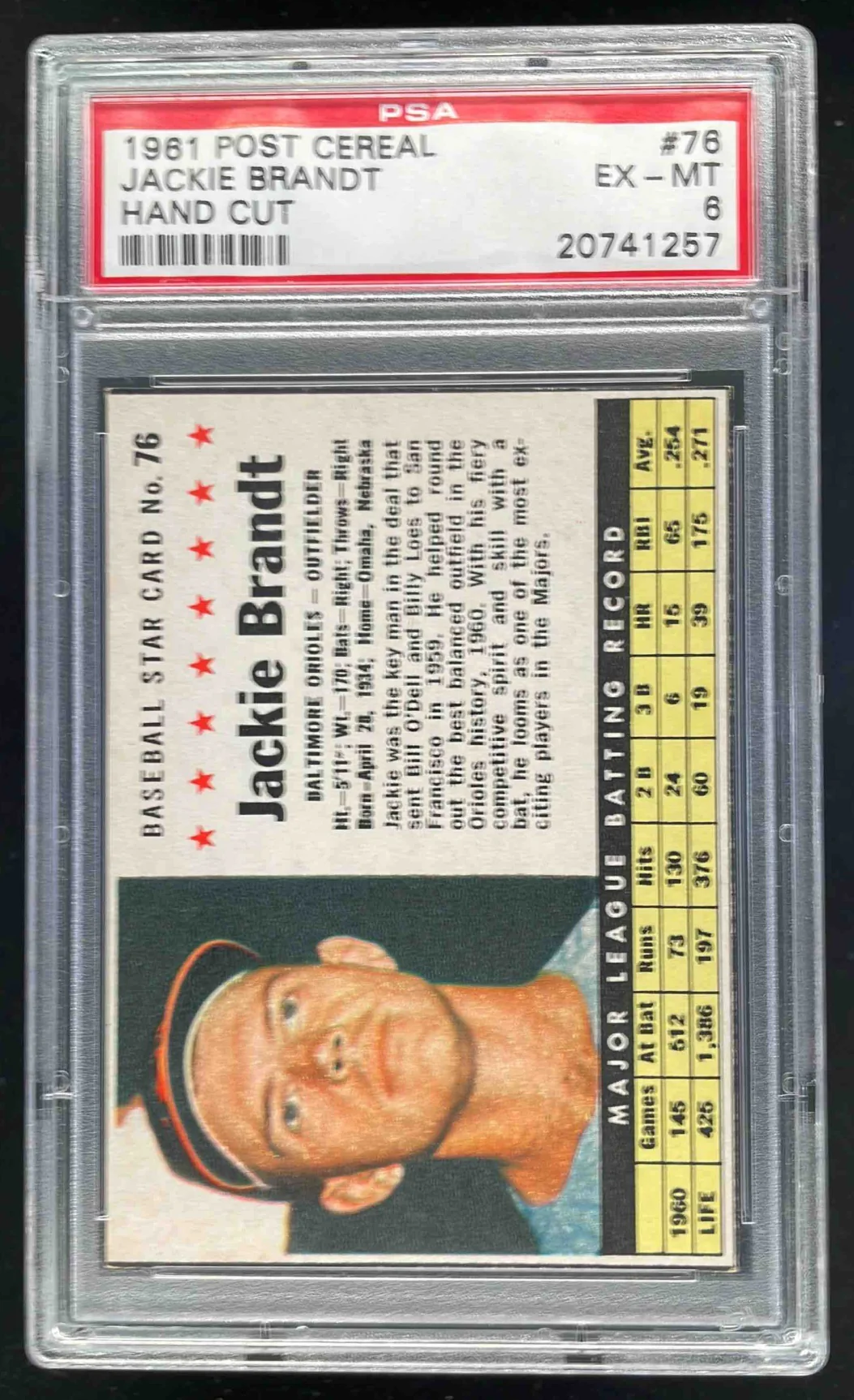1961 Post Cereal Hand Cut #76 Jackie Brandt PSA 6