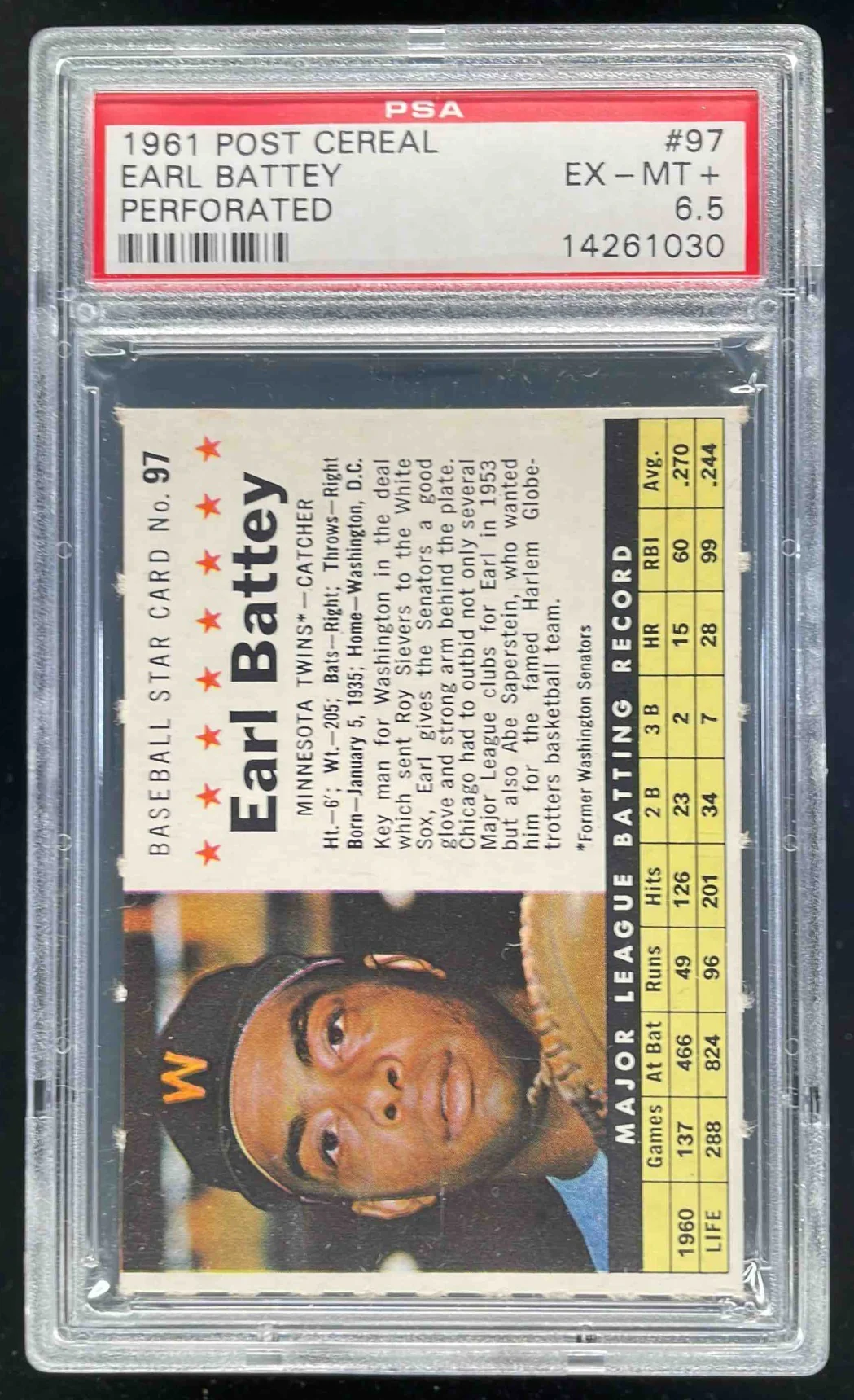 1961 Post Cereal Perforated #97 Earl Battey PSA 6.5