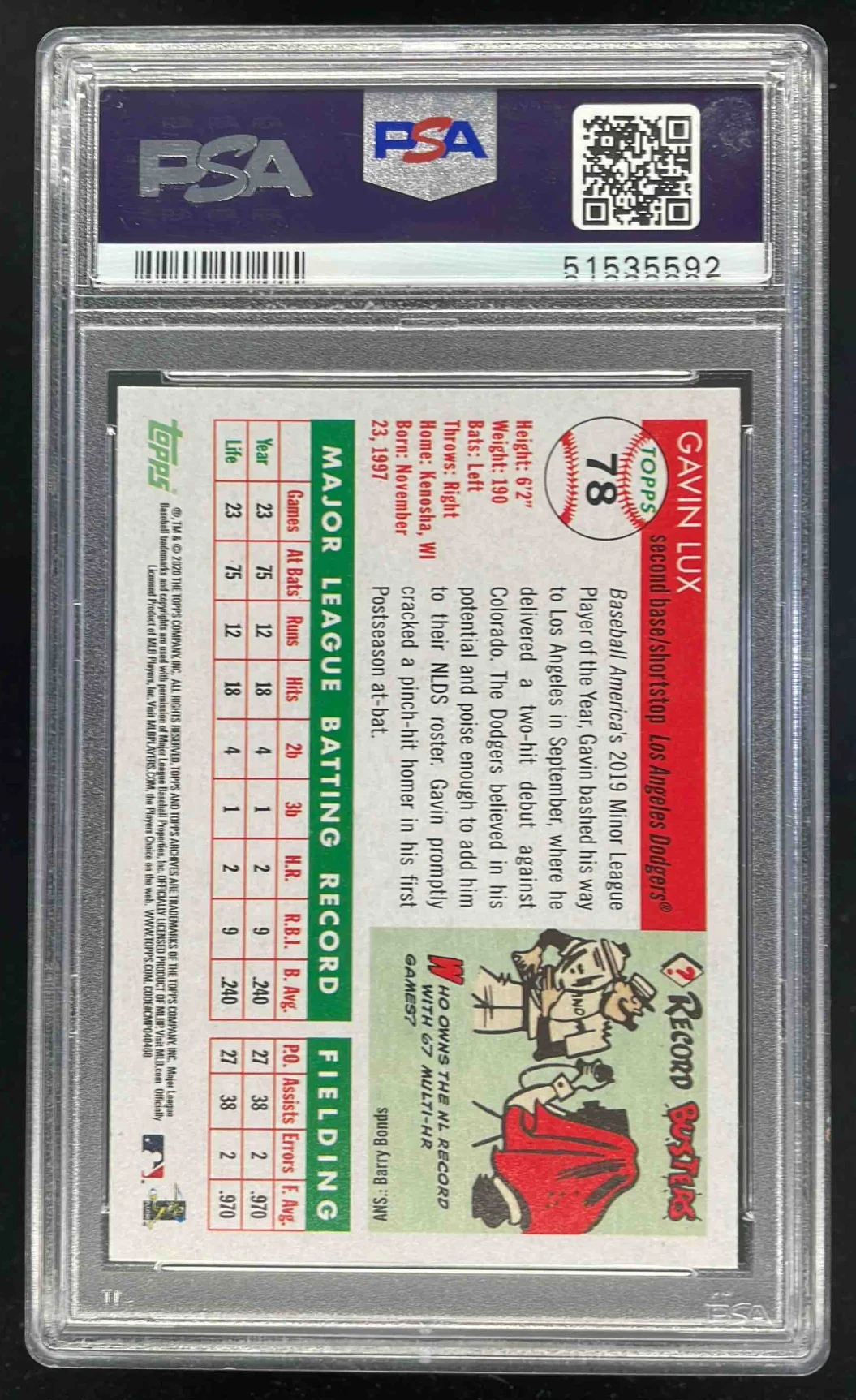 2020 Topps Archives #78 Gavin Lux RC PSA 10 - Image 2