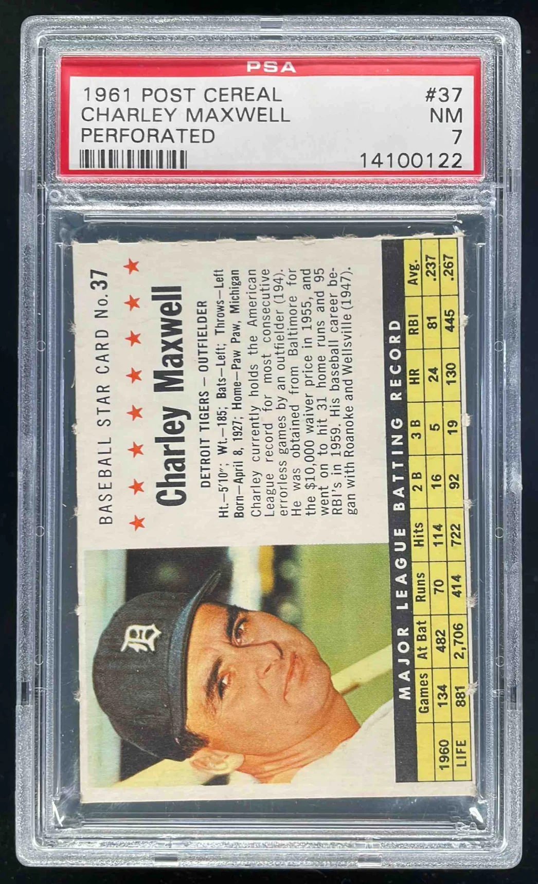 1961 Post Cereal Perforated #37 Charley Maxwell PSA 7