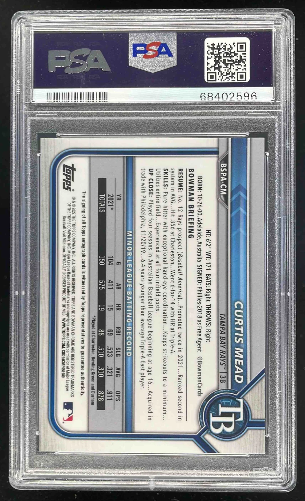 2022 Bowman Sapphire Chrome Autographs #BSPA-CM Curtis Mead Auto PSA 10 - Image 2